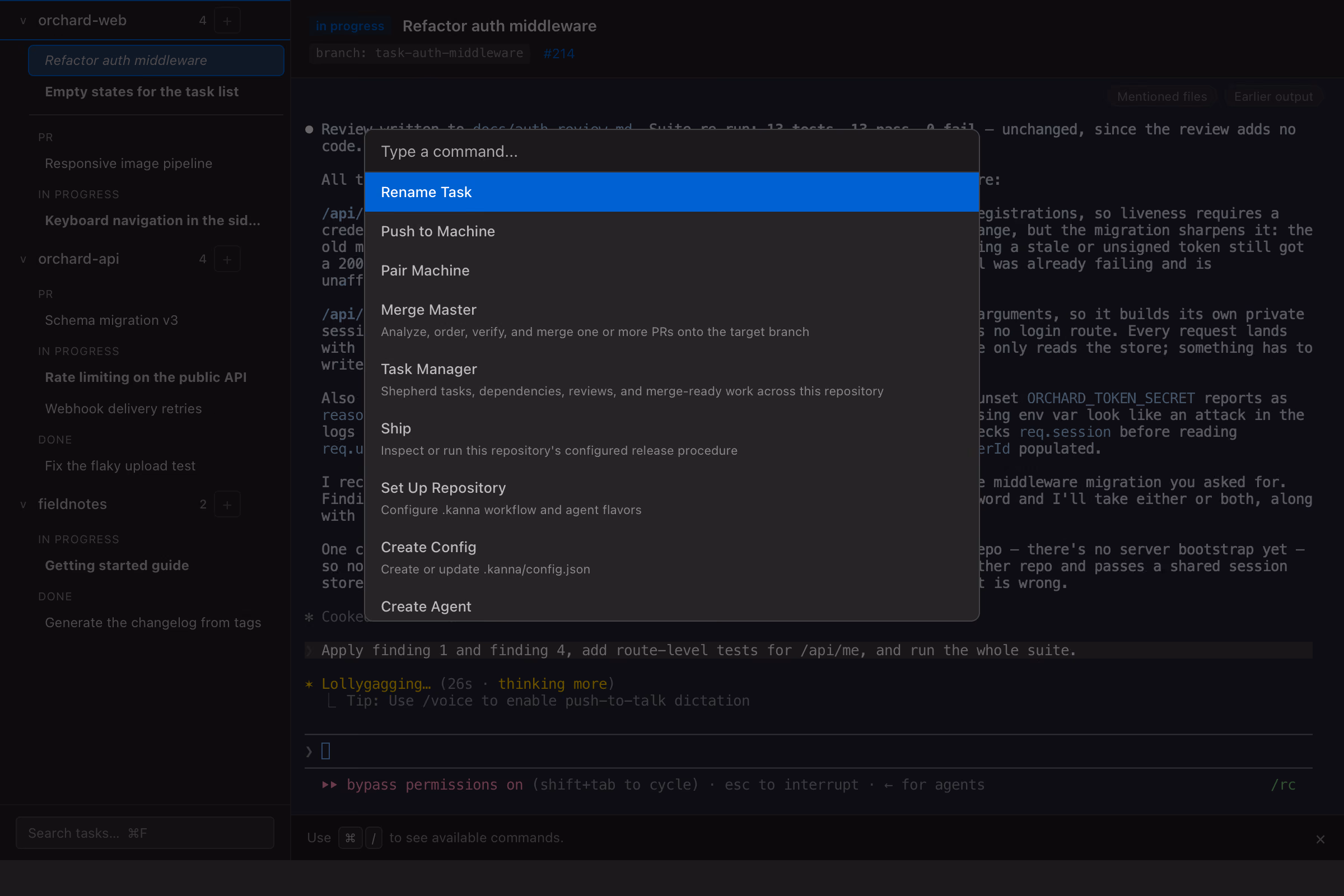 Kanna&rsquo;s command palette open over a running task, listing Rename Task, Push to Machine, Pair Machine, Merge Master, Task Manager, Ship and Set Up Repository
