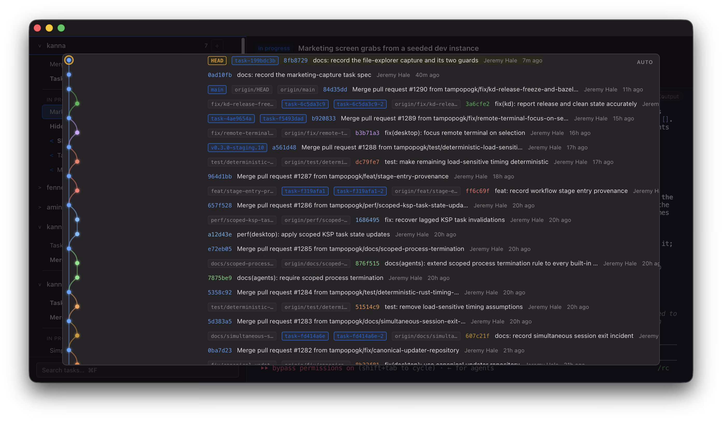 Kanna&rsquo;s commit graph, showing branch lines beside a list of merged pull requests and commits with their branch and tag labels