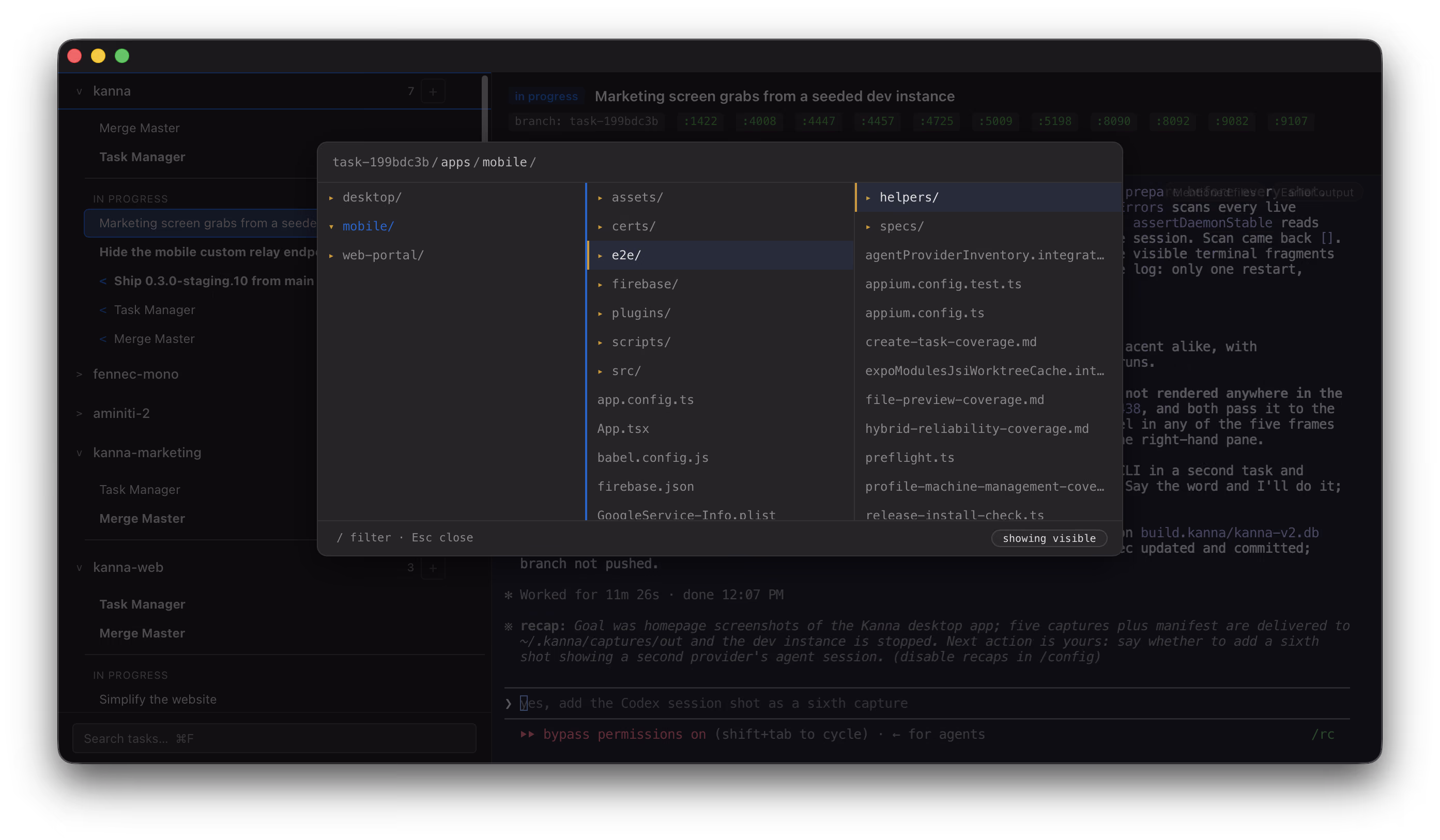 Kanna&rsquo;s file explorer open over a task, browsing the worktree in three columns from the repository root down into a directory listing, with a filter bar along the bottom
