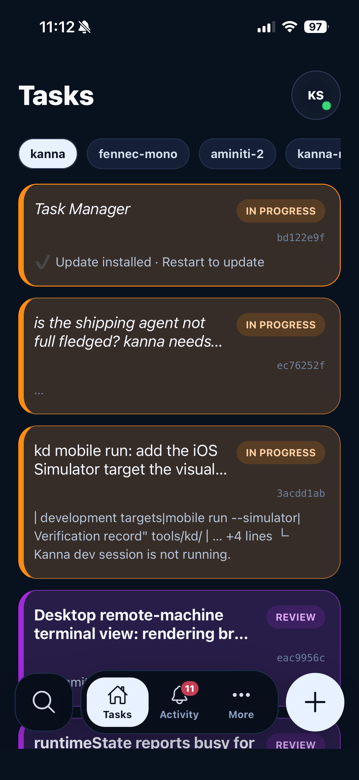 Kanna Mobile task list showing repositories, task stages, status updates, activity, and task creation controls