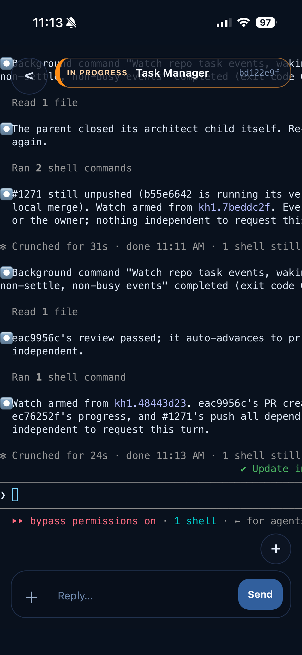 Kanna Mobile displaying a live Task Manager agent terminal with a reply field and send control