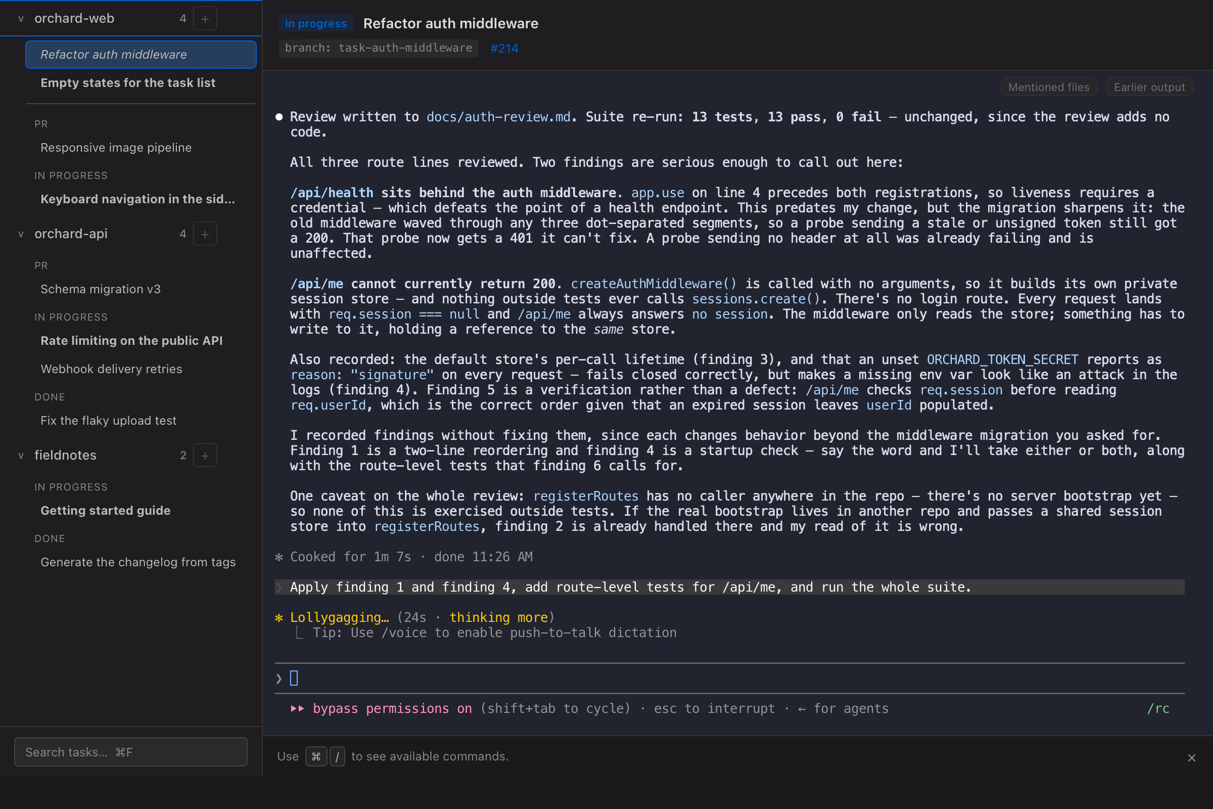 Kanna for macOS: a sidebar listing tasks grouped by stage across three repositories, with the selected task&rsquo;s live agent session running in the right-hand pane and reporting the review it just wrote